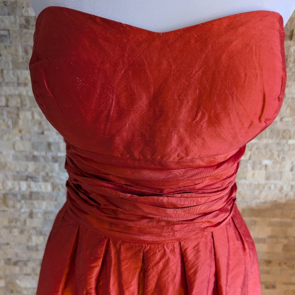 Jenny Yoo 100% Silk Coral Orange Strapless Ruched Waist Cocktail Dress Sz 8 - Picture 2 of 15